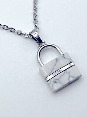 LAST ONE! 14KP White Gold + Real White Buffalo Turquoise Lock Necklace